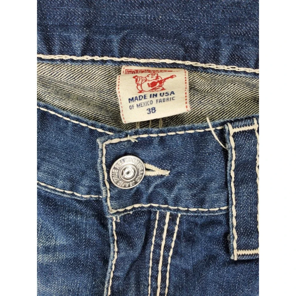 True Religion Straight Jeans Mens 38x33 Blue Big T Stitch Flap‎ Pocket USA Made